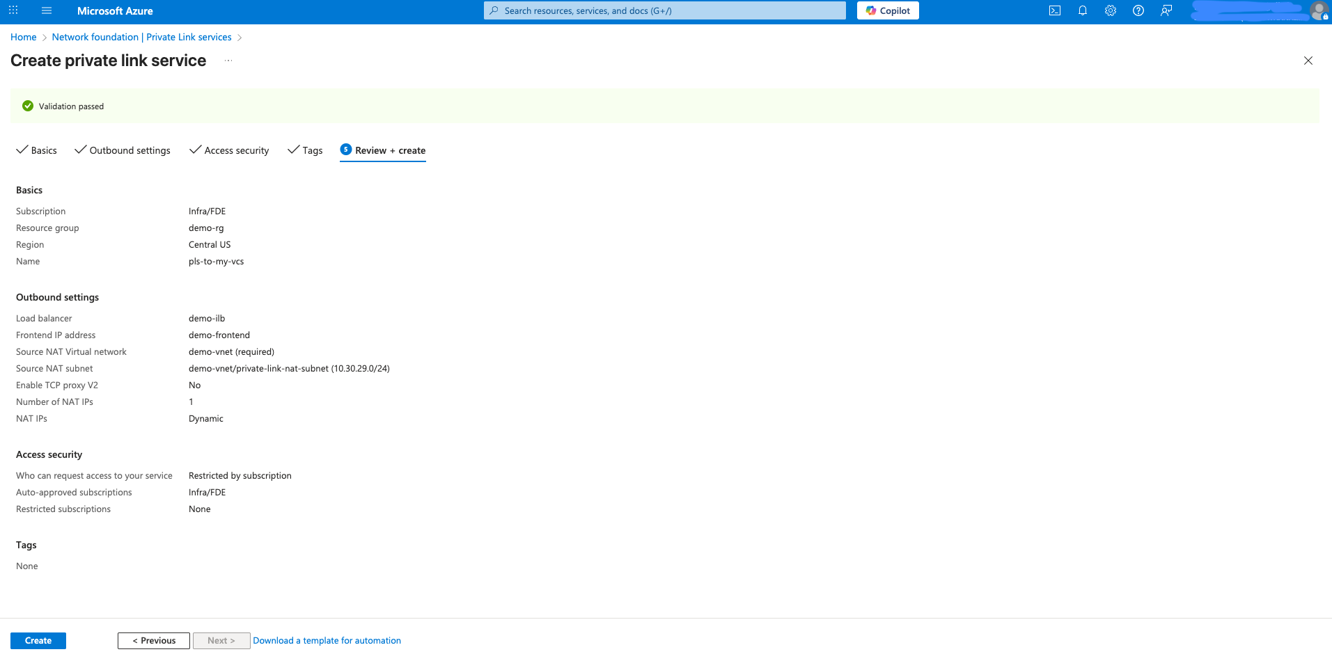 Screenshot of step 8: Creation of Azure Private Link Service Screenshot of step 8: Creation of Azure Private Link Service