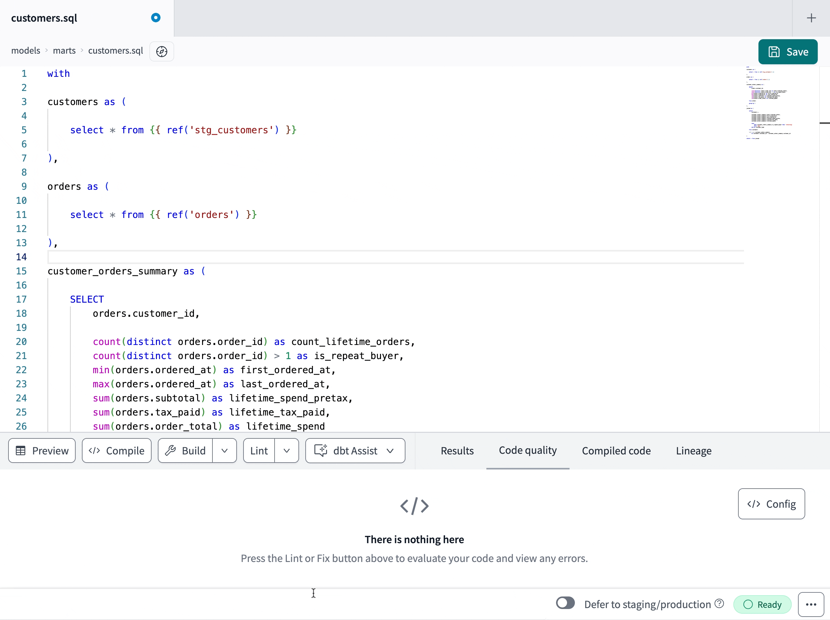 Use SQLFluff to lint/format your SQL code, and view code errors in the Code Quality tab. Use SQLFluff to lint/format your SQL code, and view code errors in the Code Quality tab.