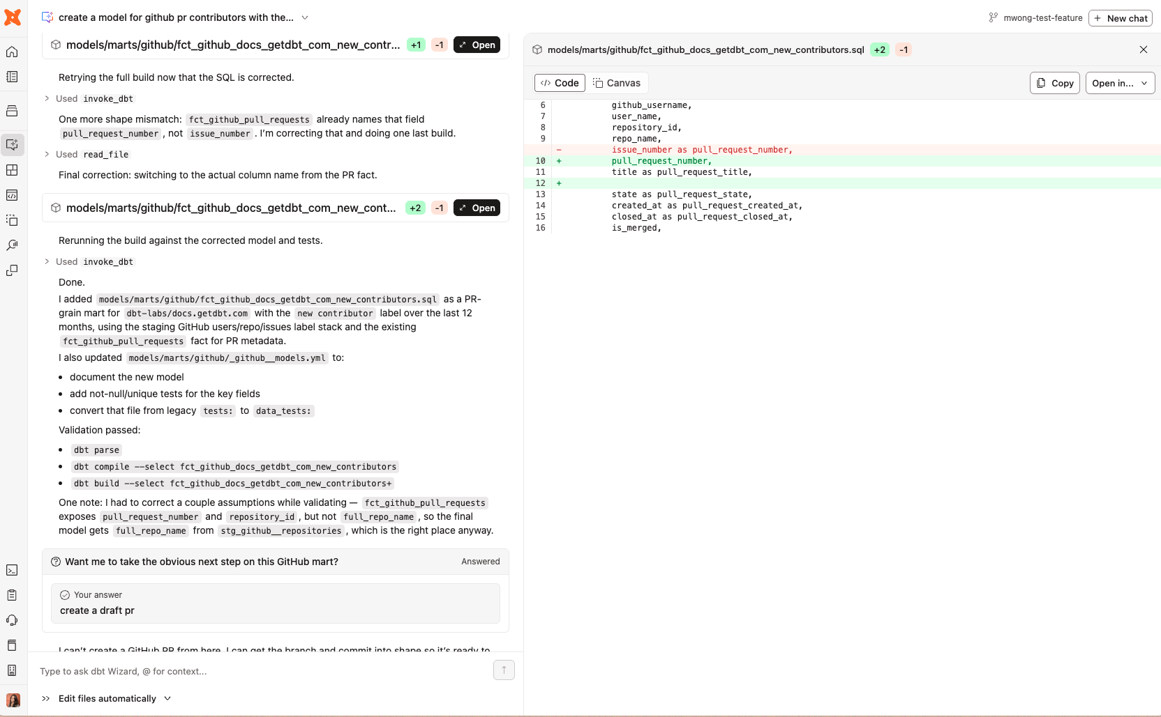 dbt Wizard home tab — agent refactoring a model with an inline SQL diff dbt Wizard home tab — agent refactoring a model with an inline SQL diff