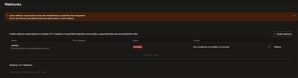 Webhooks page showing the disabled subscription warning banner and Archived status badge Webhooks page showing the disabled subscription warning banner and Archived status badge