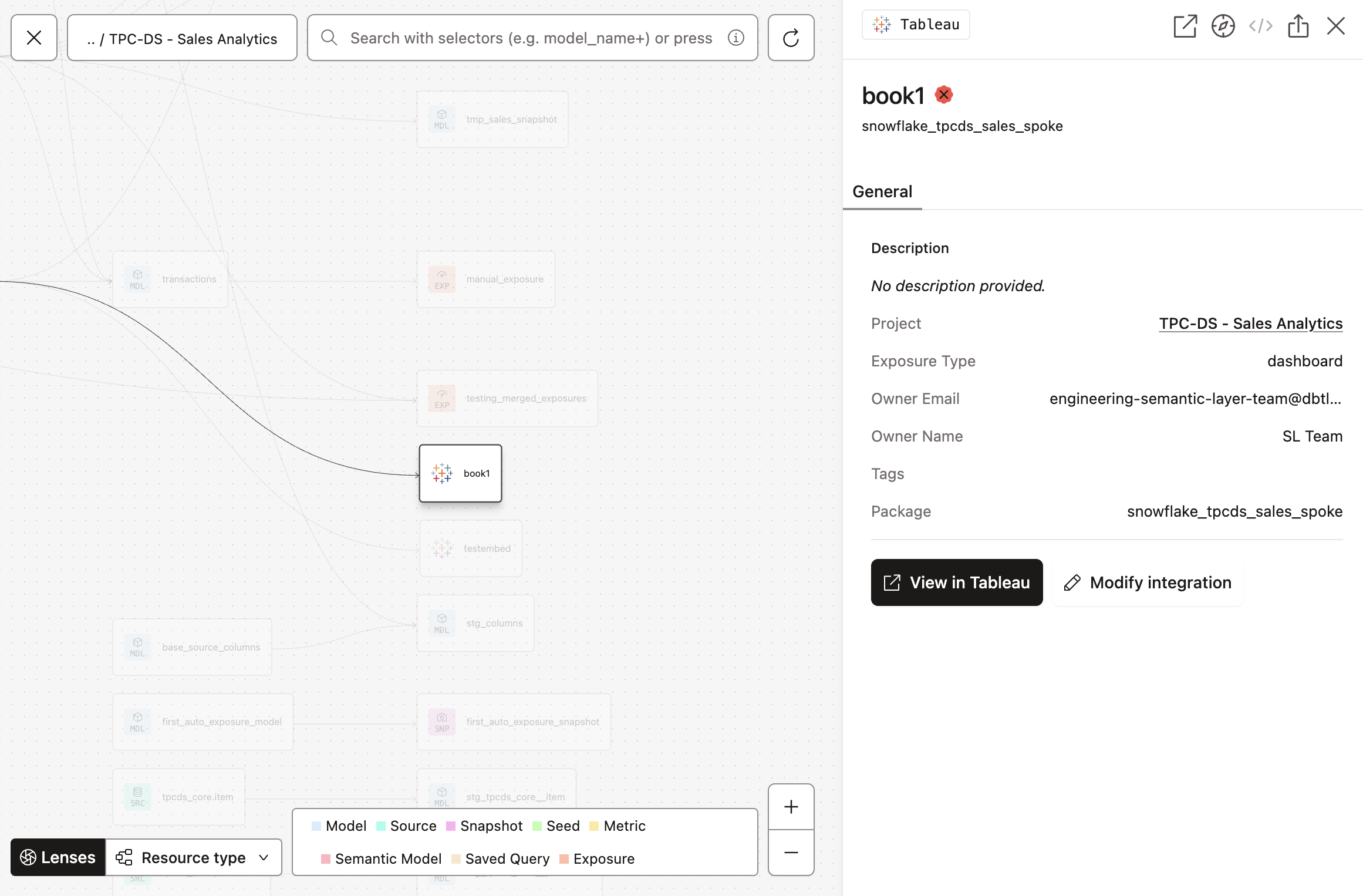 View from the dbt Catalog in your Project lineage view, displayed with the Tableau icon.